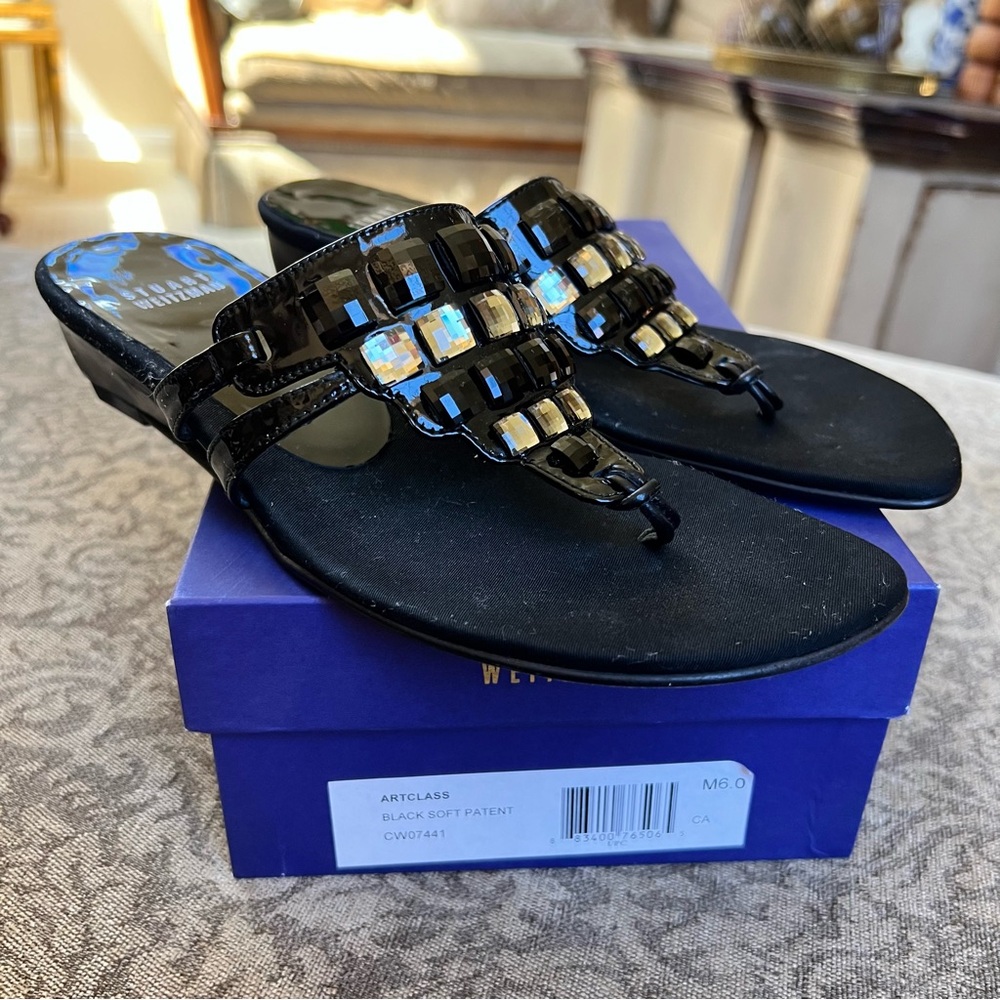 Vintage Stuart Weitzman Artclass Black Patent Leather Sandals With Crystal Gems